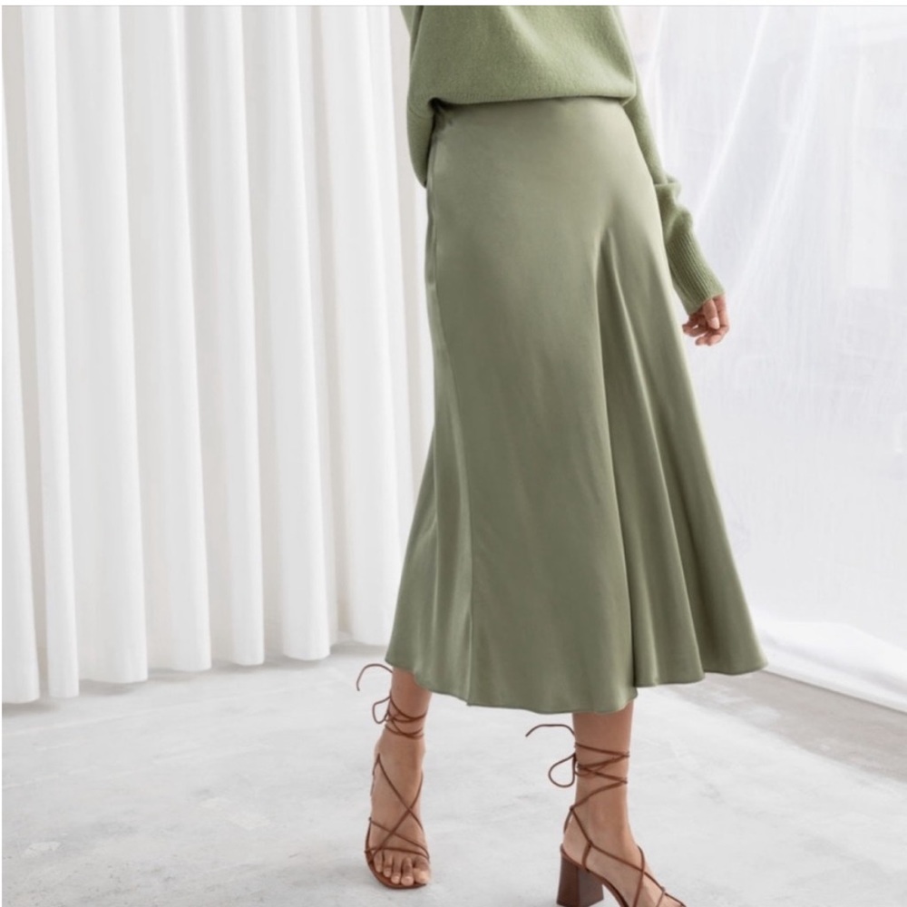 & Other Stories Sage Green Satin Slip Midi Skirt